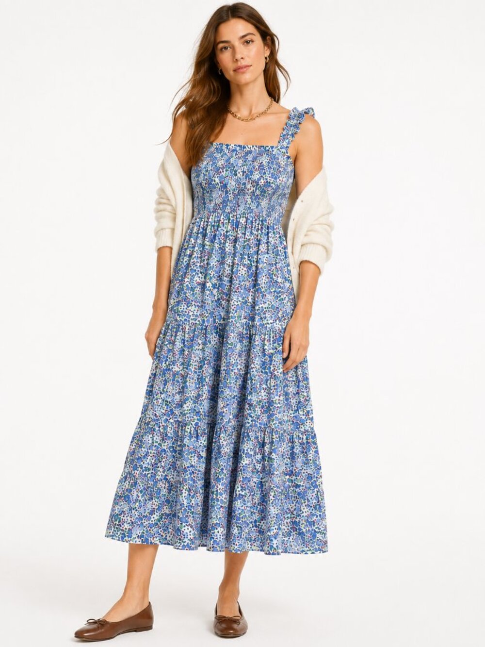 J.Crew Blue Floral 100% Cotton Smocked Ruffle Strap Tiered Midi Dress Size XL